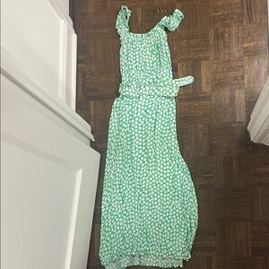 Faithfull the Brand Green and White Printed Ruffle Strap Maxi Dress